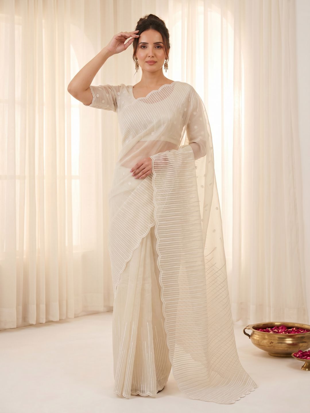 Cream Pure Organza Silk Crush Saree Designer Party Wear Saree With Multi Work Embroidered Cutwork Border Wedding Festive Saree