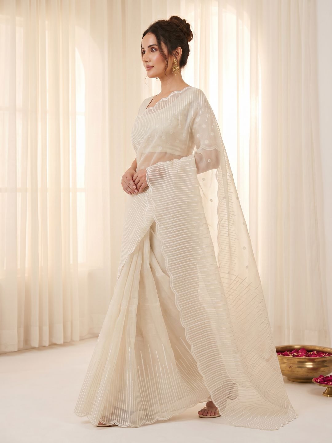 Cream Pure Organza Silk Crush Saree Designer Party Wear Saree With Multi Work Embroidered Cutwork Border Wedding Festive Saree