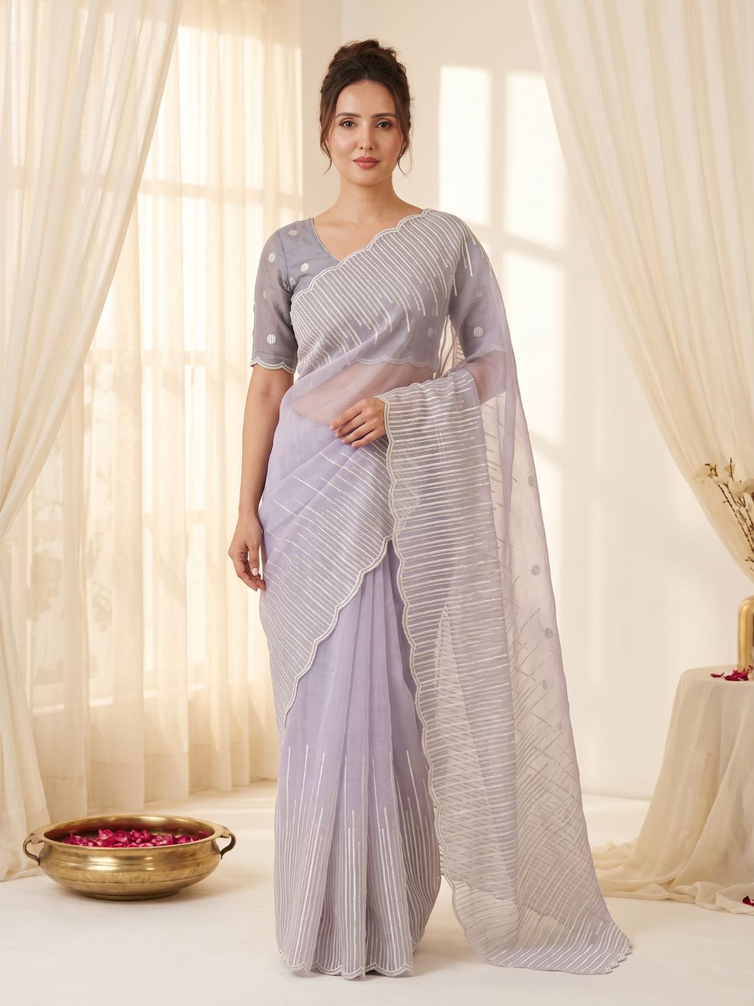 Lavender Pure Organza Silk Crush Saree Designer Party Wear Saree With Multi Work Embroidered Cutwork Border Wedding Festive Saree