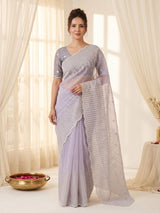 Lavender Pure Organza Silk Crush Saree Designer Party Wear Saree With Multi Work Embroidered Cutwork Border Wedding Festive Saree
