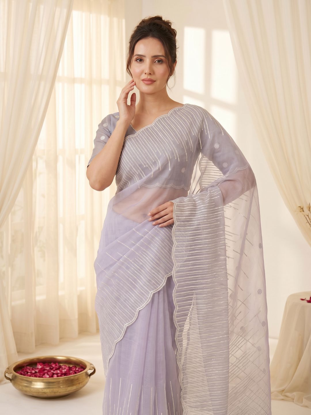 Lavender Pure Organza Silk Crush Saree Designer Party Wear Saree With Multi Work Embroidered Cutwork Border Wedding Festive Saree