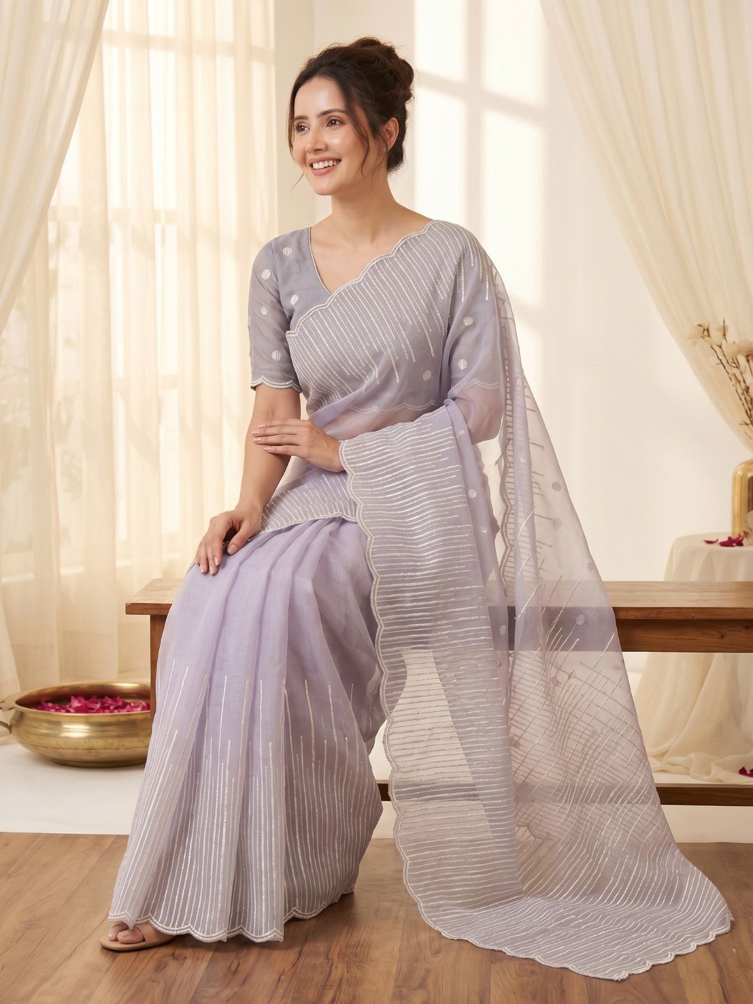 Lavender Pure Organza Silk Crush Saree Designer Party Wear Saree With Multi Work Embroidered Cutwork Border Wedding Festive Saree