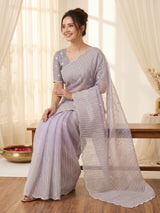Lavender Pure Organza Silk Crush Saree Designer Party Wear Saree With Multi Work Embroidered Cutwork Border Wedding Festive Saree