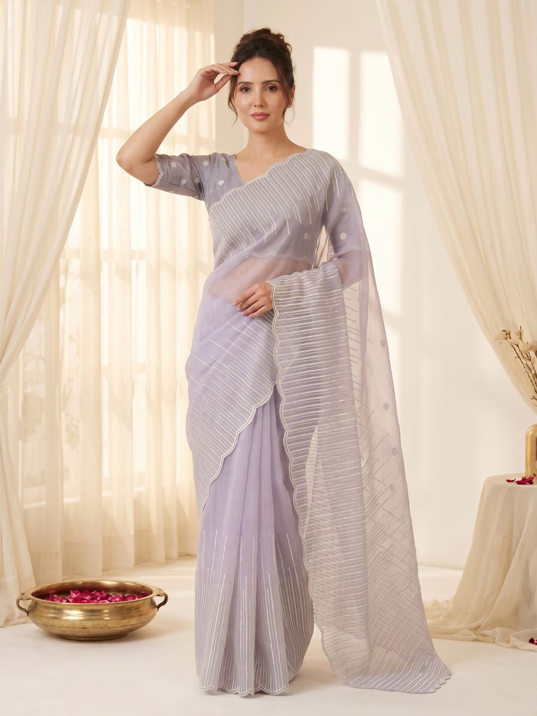 Lavender Pure Organza Silk Crush Saree Designer Party Wear Saree With Multi Work Embroidered Cutwork Border Wedding Festive Saree
