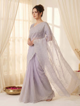 Lavender Pure Organza Silk Crush Saree Designer Party Wear Saree With Multi Work Embroidered Cutwork Border Wedding Festive Saree