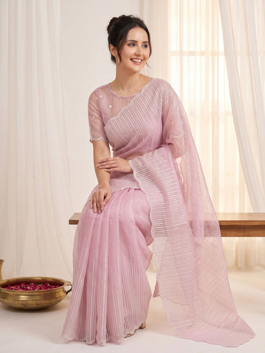 Pink Pure Organza Silk Crush Saree Designer Party Wear Saree With Multi Work Embroidered Cutwork Border Wedding Festive Saree