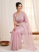 Pink Pure Organza Silk Crush Saree Designer Party Wear Saree With Multi Work Embroidered Cutwork Border Wedding Festive Saree