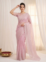 Pink Pure Organza Silk Crush Saree Designer Party Wear Saree With Multi Work Embroidered Cutwork Border Wedding Festive Saree