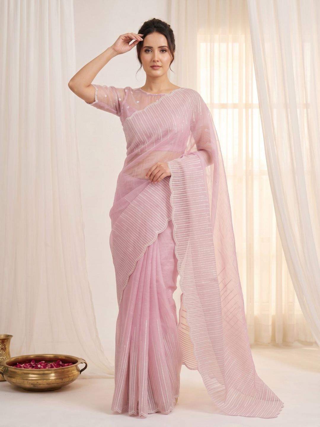 Pink Pure Organza Silk Crush Saree Designer Party Wear Saree With Multi Work Embroidered Cutwork Border Wedding Festive Saree