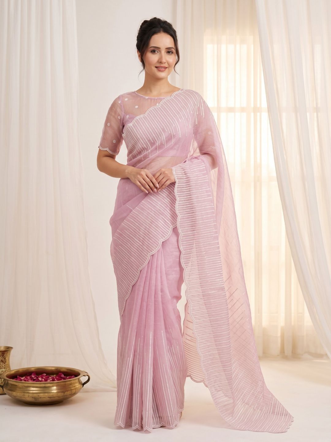 Pink Pure Organza Silk Crush Saree Designer Party Wear Saree With Multi Work Embroidered Cutwork Border Wedding Festive Saree