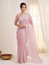 Pink Pure Organza Silk Crush Saree Designer Party Wear Saree With Multi Work Embroidered Cutwork Border Wedding Festive Saree