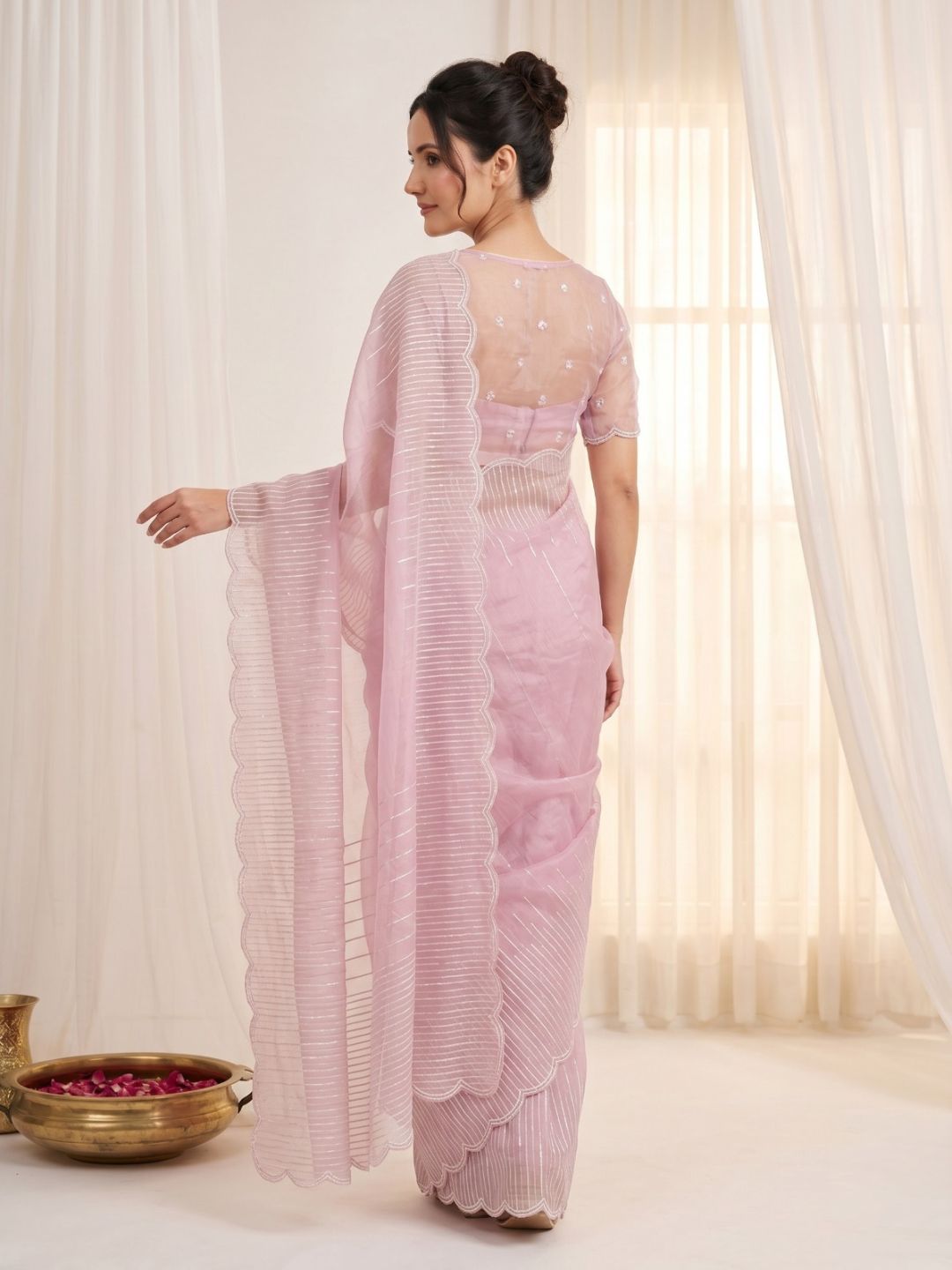 Pink Pure Organza Silk Crush Saree Designer Party Wear Saree With Multi Work Embroidered Cutwork Border Wedding Festive Saree