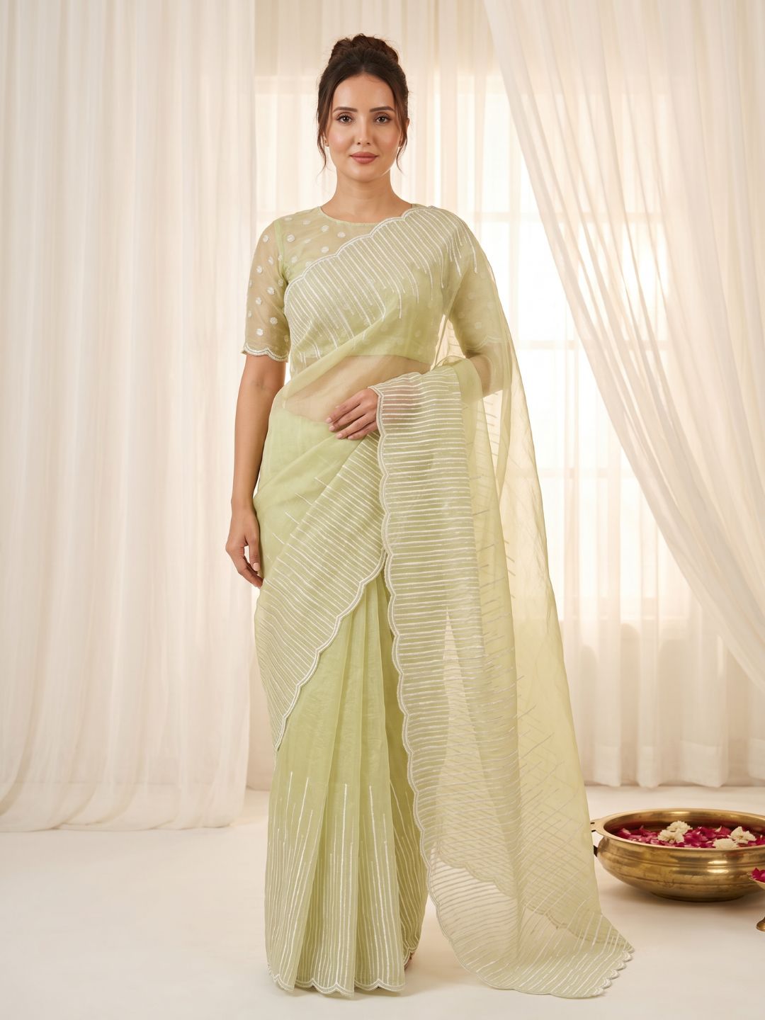 Pista Pure Organza Silk Crush Saree Designer Party Wear Saree With Multi Work Embroidered Cutwork Border Wedding Festive Saree