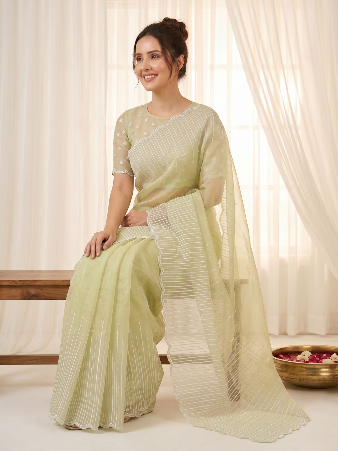 Pista Pure Organza Silk Crush Saree Designer Party Wear Saree With Multi Work Embroidered Cutwork Border Wedding Festive Saree
