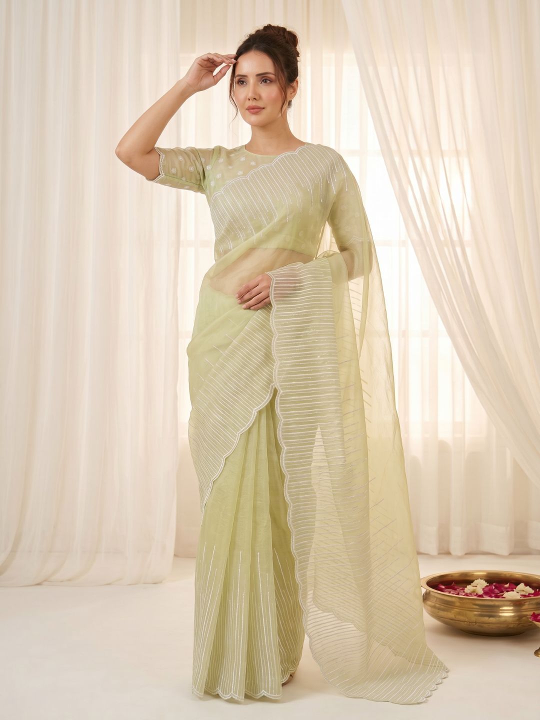 Pista Pure Organza Silk Crush Saree Designer Party Wear Saree With Multi Work Embroidered Cutwork Border Wedding Festive Saree
