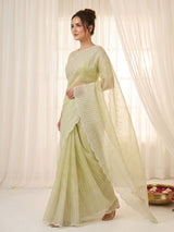 Pista Pure Organza Silk Crush Saree Designer Party Wear Saree With Multi Work Embroidered Cutwork Border Wedding Festive Saree