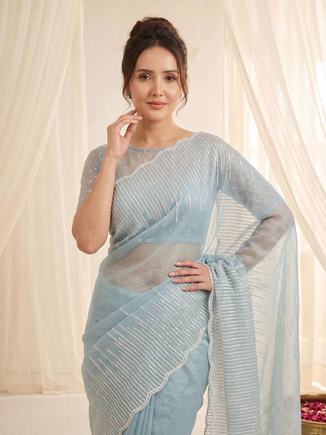Sky Pure Organza Silk Crush Saree Designer Party Wear Saree With Multi Work Embroidered Cutwork Border Wedding Festive Saree