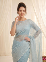 Sky Pure Organza Silk Crush Saree Designer Party Wear Saree With Multi Work Embroidered Cutwork Border Wedding Festive Saree