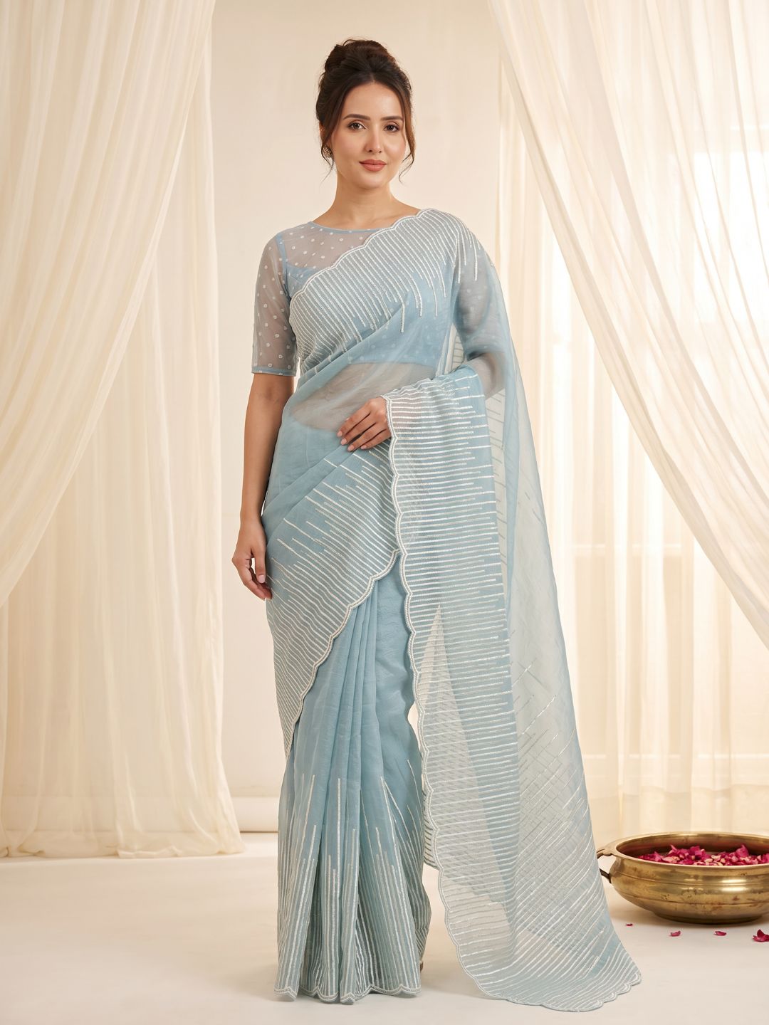Sky Pure Organza Silk Crush Saree Designer Party Wear Saree With Multi Work Embroidered Cutwork Border Wedding Festive Saree