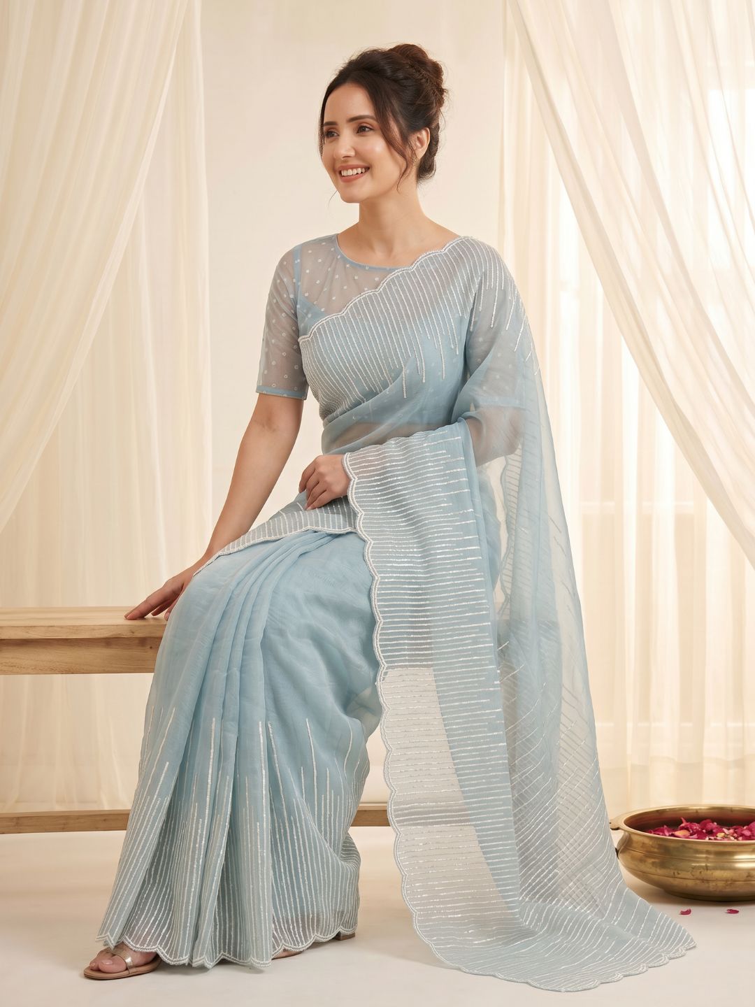 Sky Pure Organza Silk Crush Saree Designer Party Wear Saree With Multi Work Embroidered Cutwork Border Wedding Festive Saree