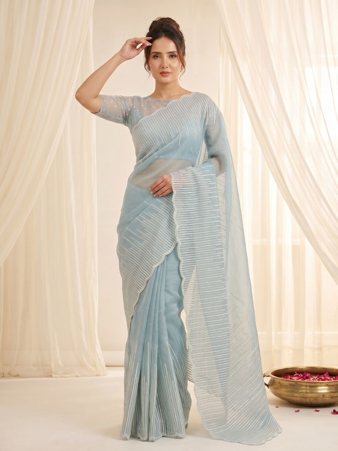 Sky Pure Organza Silk Crush Saree Designer Party Wear Saree With Multi Work Embroidered Cutwork Border Wedding Festive Saree
