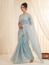 Sky Pure Organza Silk Crush Saree Designer Party Wear Saree With Multi Work Embroidered Cutwork Border Wedding Festive Saree
