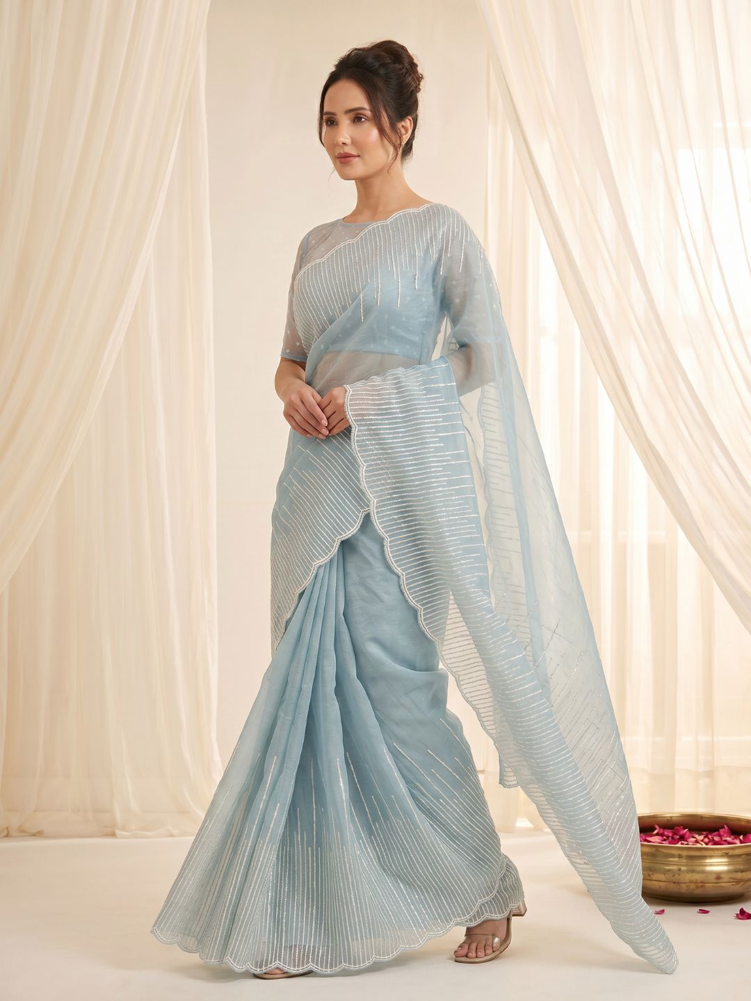 Sky Pure Organza Silk Crush Saree Designer Party Wear Saree With Multi Work Embroidered Cutwork Border Wedding Festive Saree