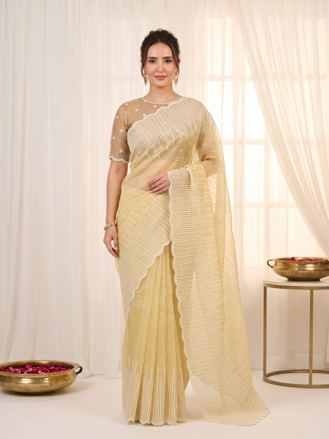 Yellow Pure Organza Silk Crush Saree Designer Party Wear Saree With Multi Work Embroidered Cutwork Border Wedding Festive Saree