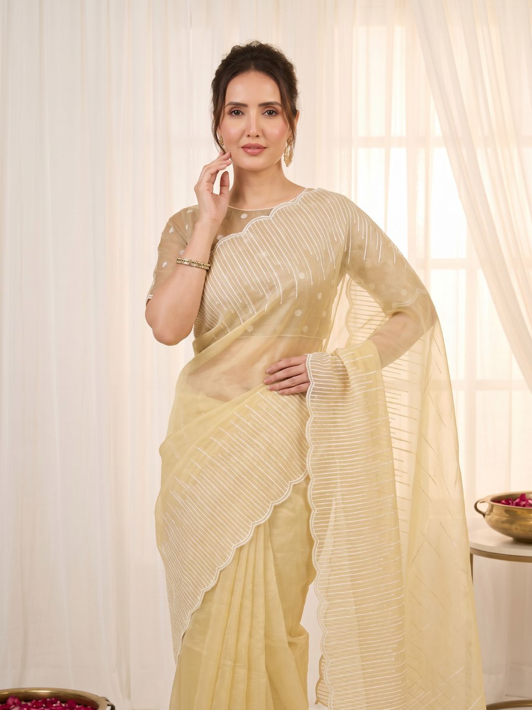 Yellow Pure Organza Silk Crush Saree Designer Party Wear Saree With Multi Work Embroidered Cutwork Border Wedding Festive Saree