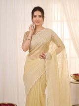 Yellow Pure Organza Silk Crush Saree Designer Party Wear Saree With Multi Work Embroidered Cutwork Border Wedding Festive Saree