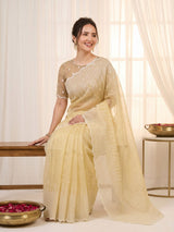 Yellow Pure Organza Silk Crush Saree Designer Party Wear Saree With Multi Work Embroidered Cutwork Border Wedding Festive Saree