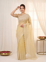Yellow Pure Organza Silk Crush Saree Designer Party Wear Saree With Multi Work Embroidered Cutwork Border Wedding Festive Saree