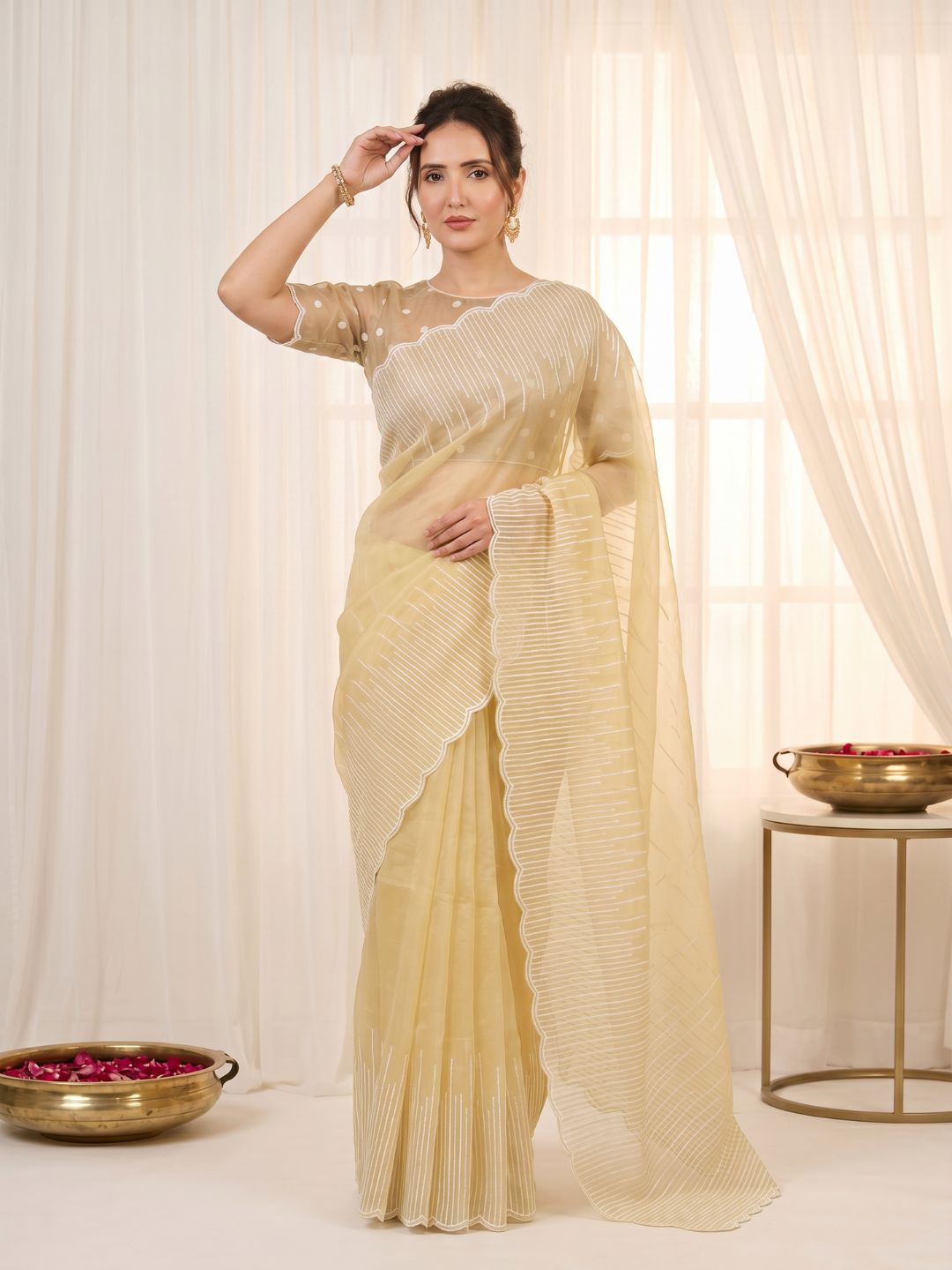 Yellow Pure Organza Silk Crush Saree Designer Party Wear Saree With Multi Work Embroidered Cutwork Border Wedding Festive Saree