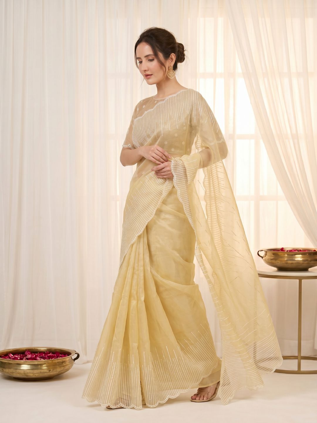 Yellow Pure Organza Silk Crush Saree Designer Party Wear Saree With Multi Work Embroidered Cutwork Border Wedding Festive Saree