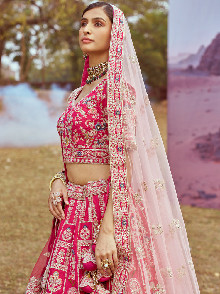 Pink Pure silk Moti, Sequins embroidery Semi-Stitched Bridel Lehenga choli & Dupatta