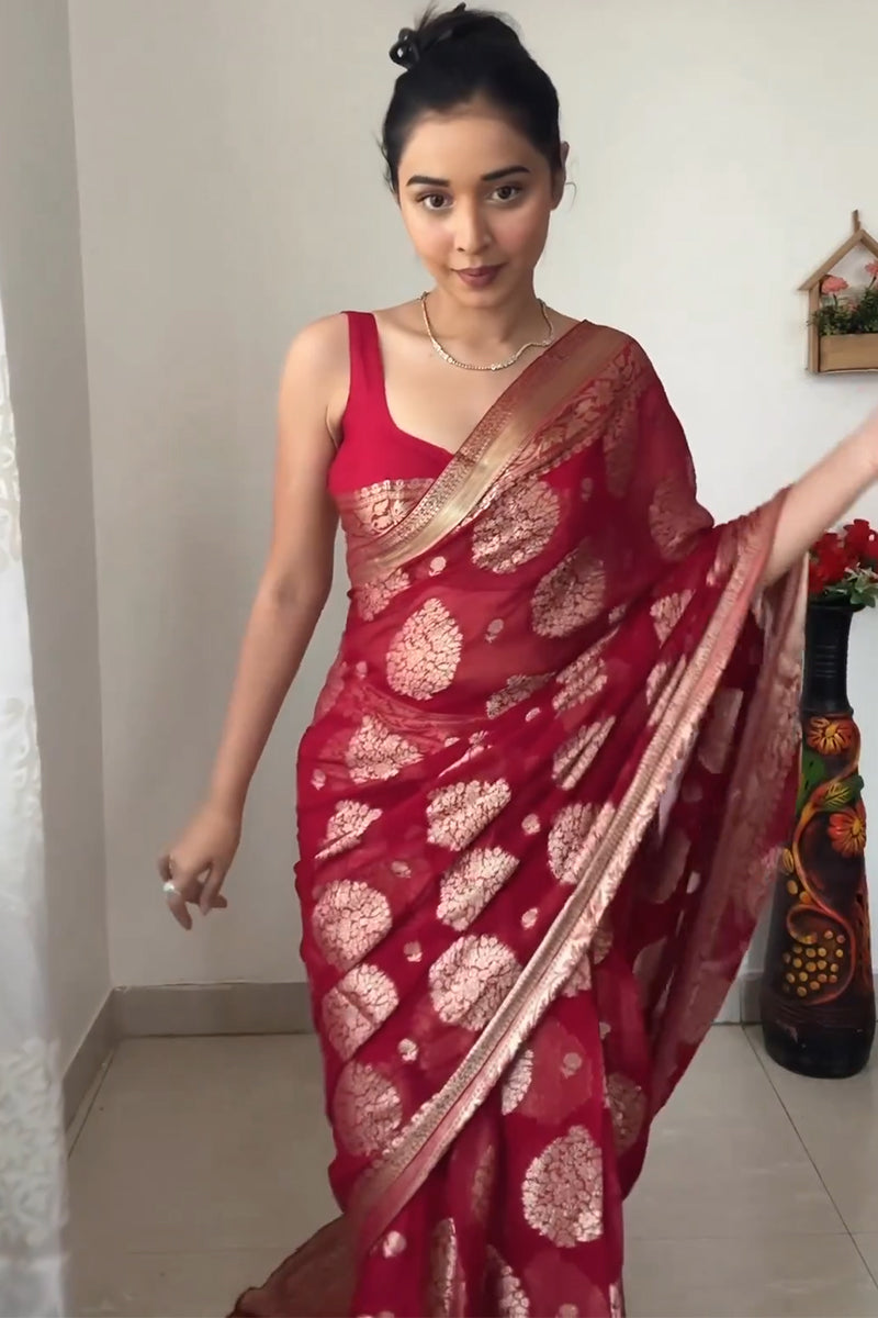 Alluring 1-Minute Ready To Wear Red Cotton Silk Saree