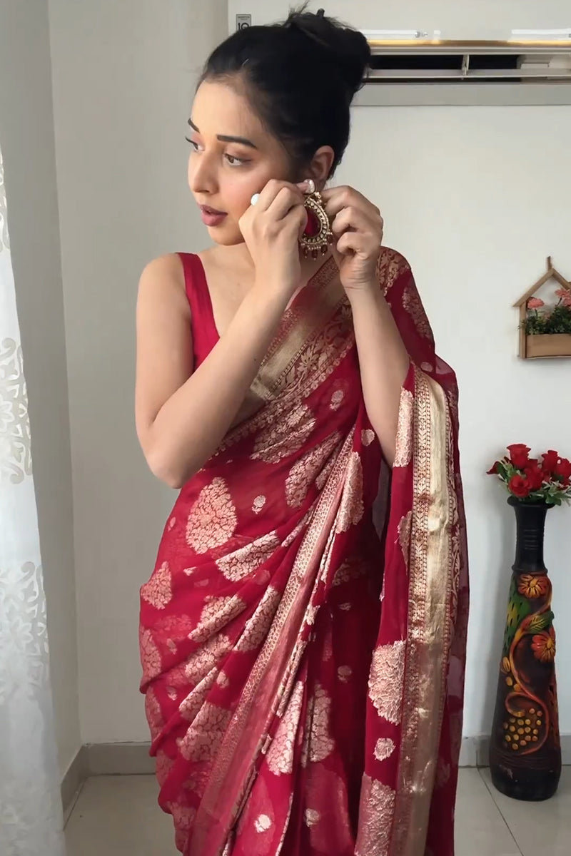 Alluring 1-Minute Ready To Wear Red Cotton Silk Saree