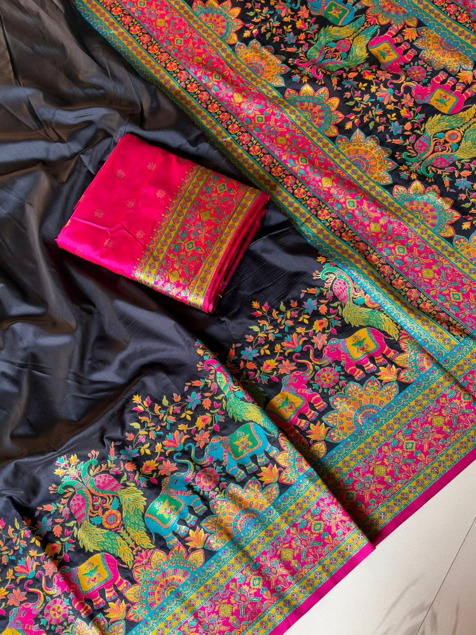 Pashmina Silk Darbari Saree with Meenakari Zari Woven Border Traditional Pallu with Tassels