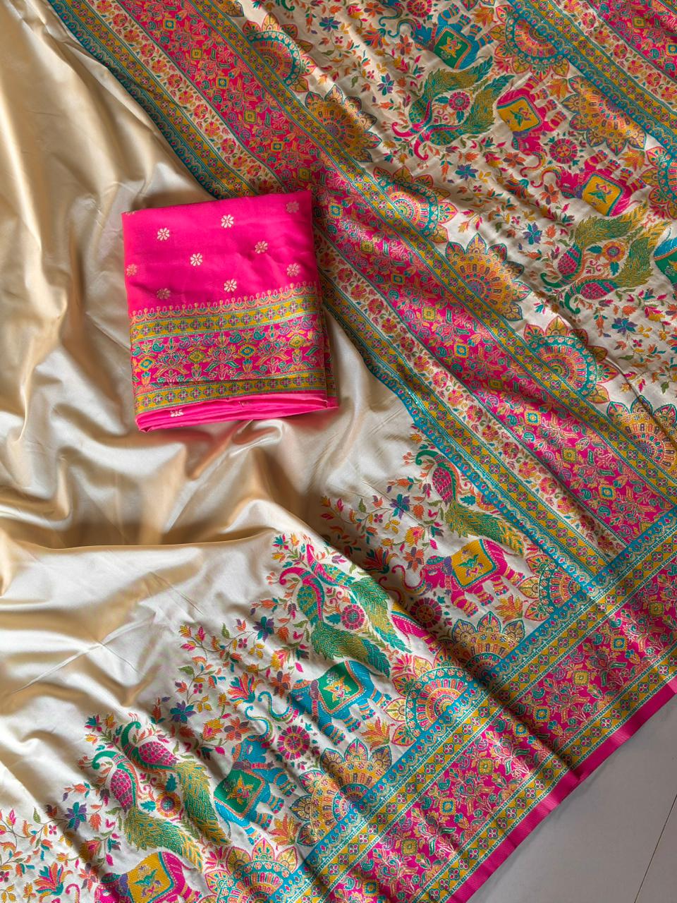 Pashmina Silk Darbari Saree with Meenakari Zari Woven Border Traditional Pallu with Tassels