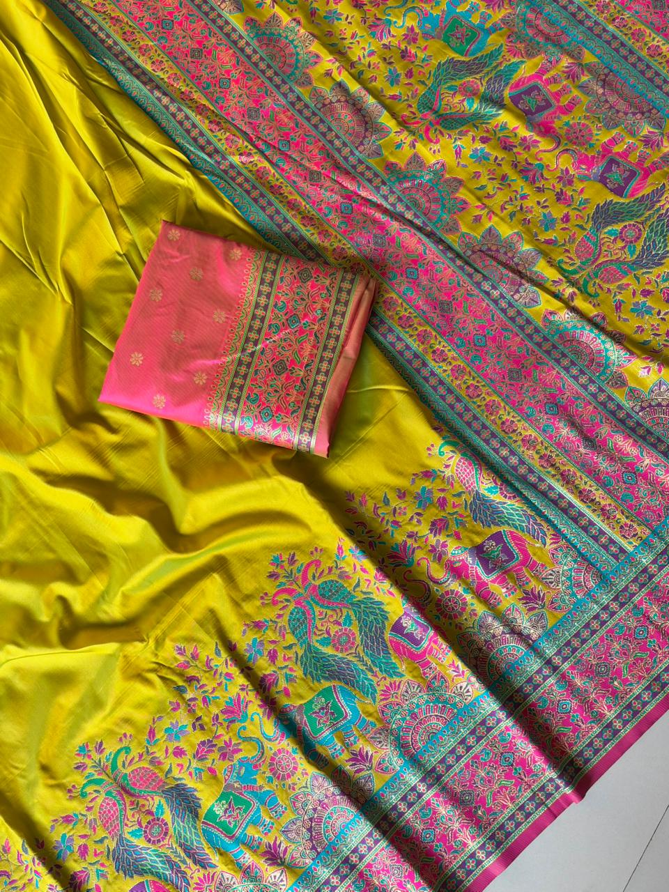 Pashmina Silk Darbari Saree with Meenakari Zari Woven Border Traditional Pallu with Tassels