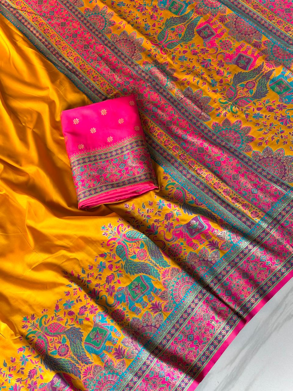 Pashmina Silk Darbari Saree with Meenakari Zari Woven Border Traditional Pallu with Tassels