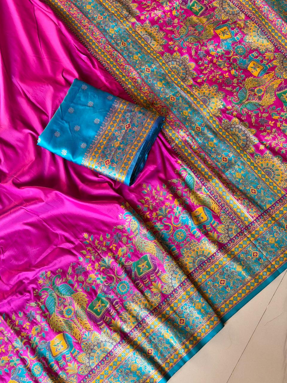 Pashmina Silk Darbari Saree with Meenakari Zari Woven Border Traditional Pallu with Tassels