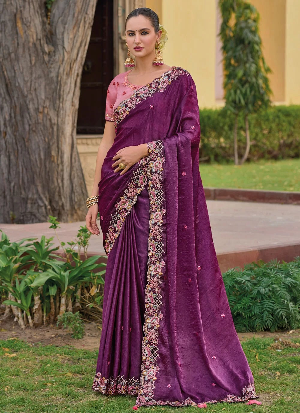 Radiant purple organza silk saree with embroidery stone sequin detailing