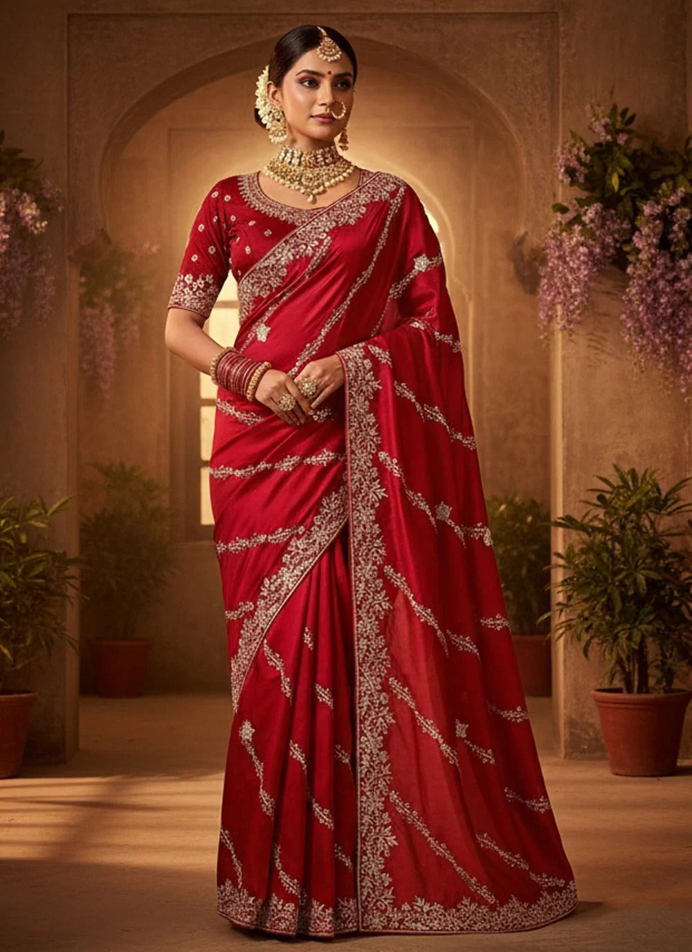 Radiant red soft satin silk saree with aari stone work