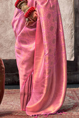 Dissemble Pink Kanjivaram Silk Saree With Ephemeral Blouse Piece