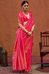 Trendy Dark Pink Kanjivaram Silk Saree With Flattering Blouse Piece