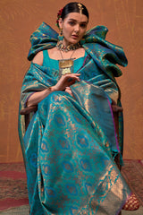 Precious Firozi Kanjivaram Silk Saree With Gleaming Blouse Piece