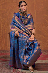 Dazzling Navy Blue Kanjivaram Silk Saree With Deserving Blouse Piece