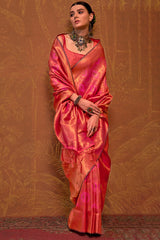 Intricate Pink Kanjivaram Silk Saree With Smart Blouse Piece