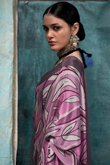 Murmurous Grey and Pink Digital Printed Crape Silk Saree With Confounding Blouse Piece